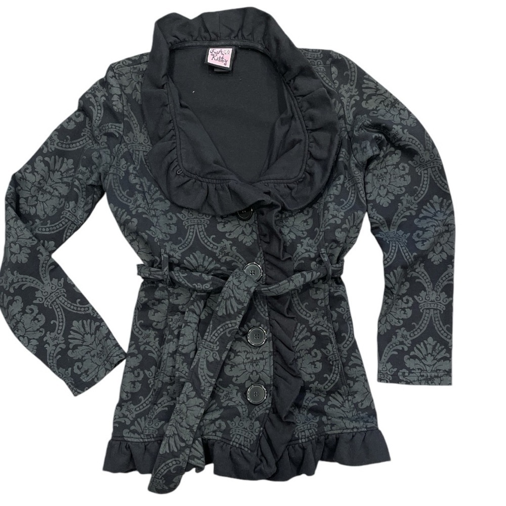 LA KITTY M black/gray patterned belted pocketed button up fleece coat frill